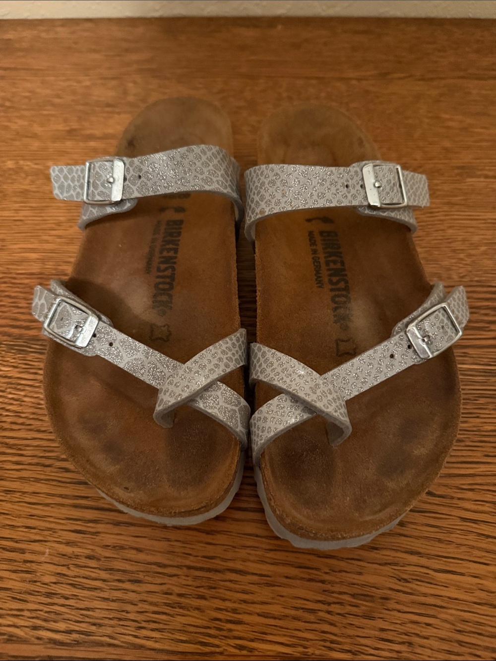 Birkenstock Silver Glitter Strappy Sandals with Buckles